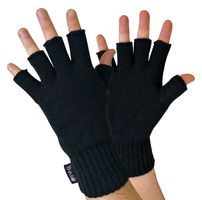 THMO - Mens Fingerless Gloves, Warm & Flexible, 100% Acrylic, 3M Thinsulate, Secure Cuff - Black