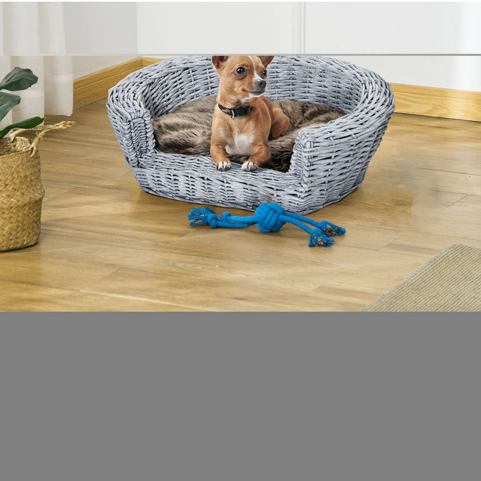 PawHut Wicker Pet Bed Willow Dog Cat Sofa Couch Puppy Basket with Cushion Grey 57L x 46W x 17.5H cm