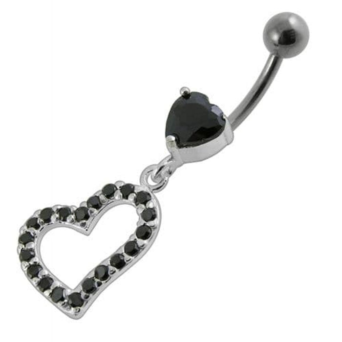 Jeweled Fancy Heart Loop Silver Dangling SS Banana Navel Ring