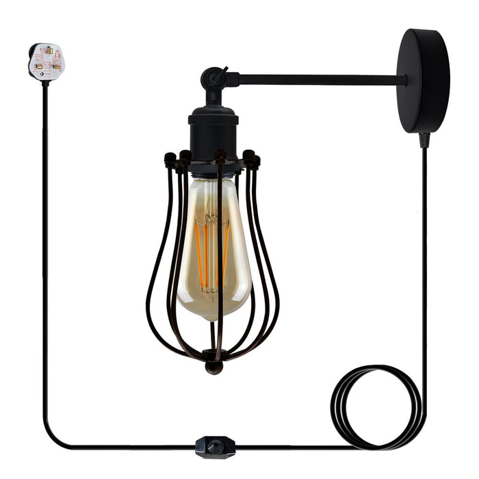 Modern Industrial Black Loft Metal Plug in wall Lamp Shade Wire Cage 4m Rapper cable with dimmer switch