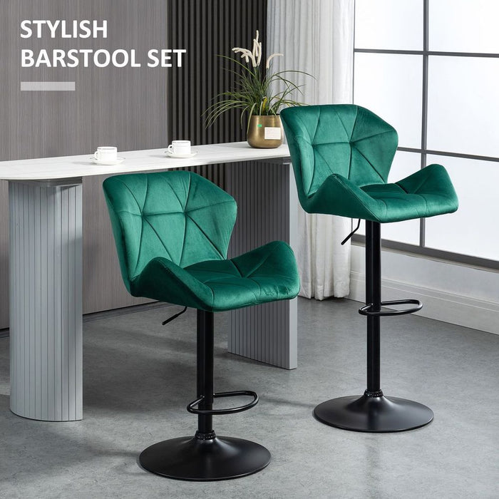 Set Of 2 Luxurious Velvet-Touch Bar Stools w/ Metal Frame Footrest Base Green