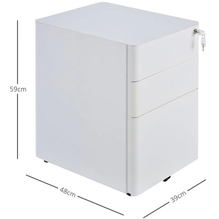 3 Drawer Metal Filing Cabinet Lockable 4 Wheels Compact Under Desk White