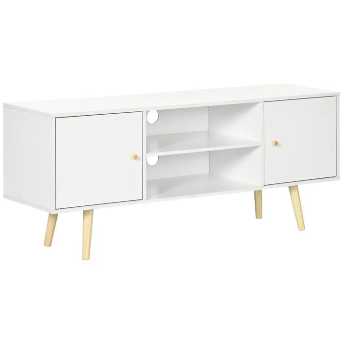 TV Stand Cabinet with Cable Management and Wood Legs Living Room, White