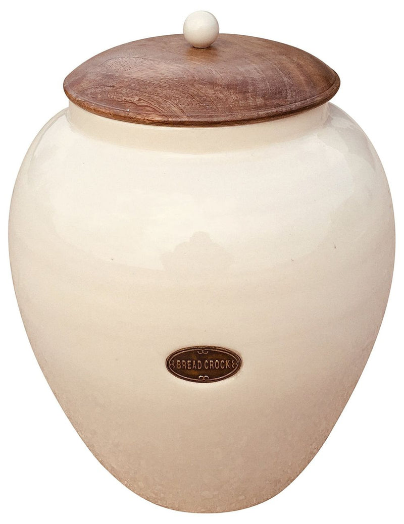 Cream Ceramic Bread Bin - Large Glazed Finish with Wooden Lid - High Quality - 31cm x 31cm x 37cm