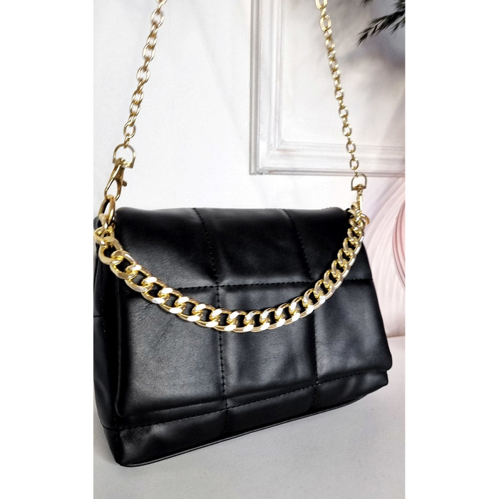 Faux Leather Padded Handbag with Chain Detail