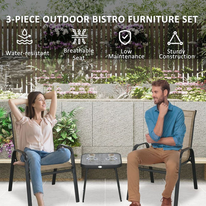 Outsunny 3PCs Bistro Set: Breathable Mesh Fabric, PSC Board Top, Strong Steel Frame. Ideal for Outdoor Spaces. Brown