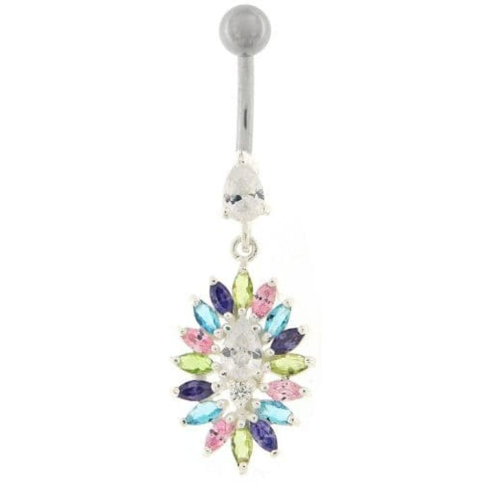 Jeweled Dangling Fancy  Glitter Flower SS Banana Bar Belly Ring Body Jewelry