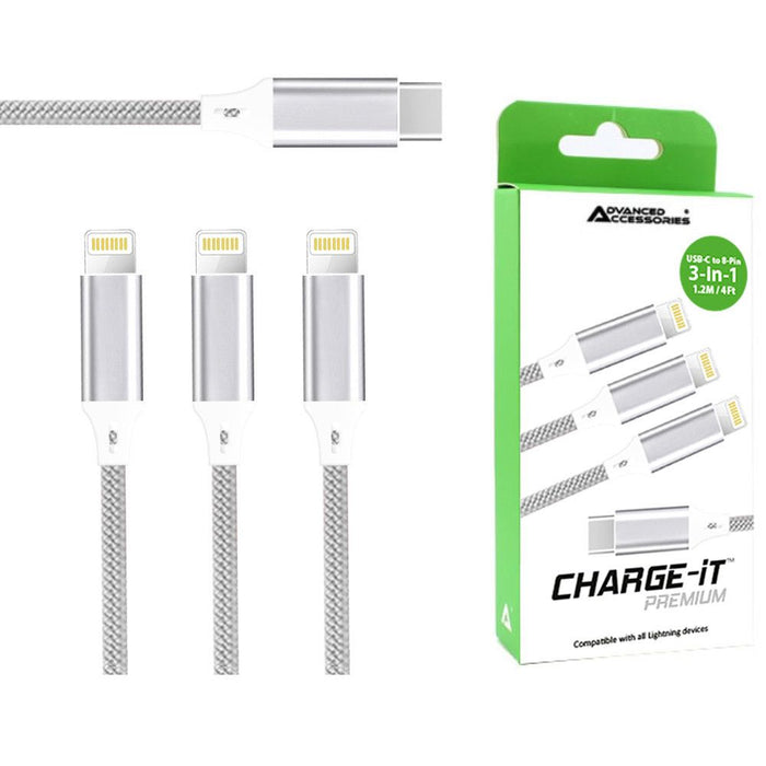 AA CHARGE-iT (1.2M) 3in1 Cable USB-C To 3 x 8 Pin - Silver