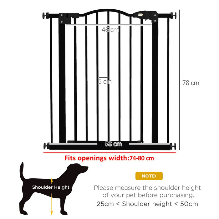 PawHut Pet Gate - Adjustable Metal Safety Barrier, Auto-Close, 74-80cm, Black