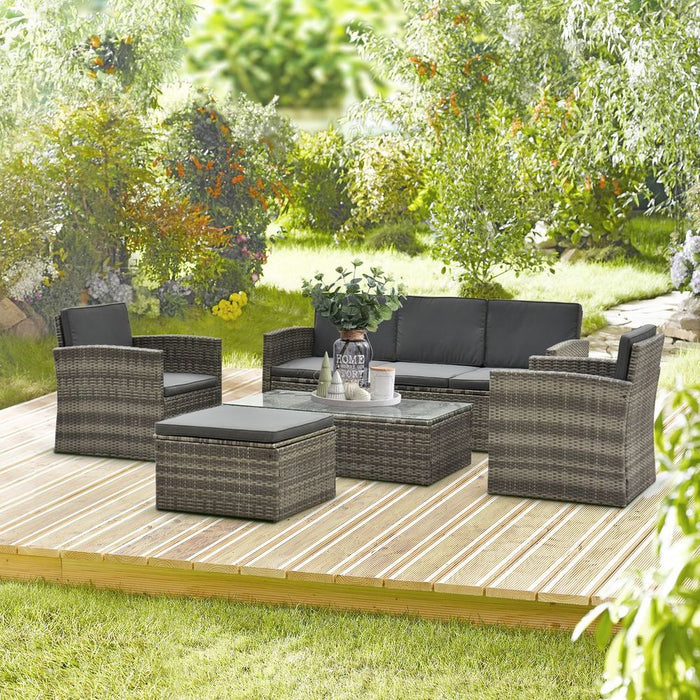 Premium Outsunny 5Pc Rattan Sofa Set w/Cushions & Glass Coffee Table