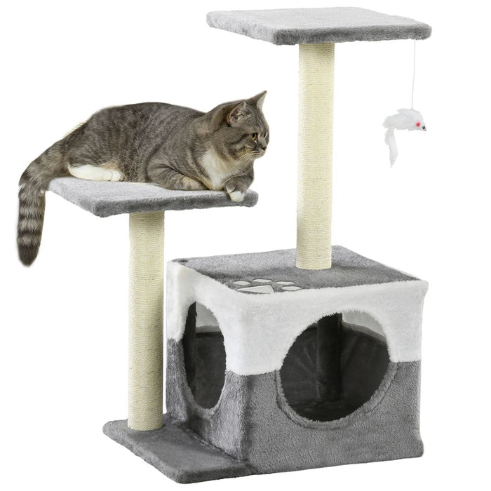 PawHut Cat Tree - Sisal Scratching Posts, House, Perches, Toy Mouse - Grey