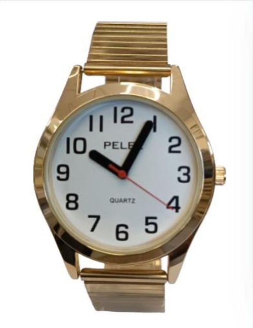 Pelex Mens Big number Gold Case White Dial Gold Bracelet Strap Quartz Watch