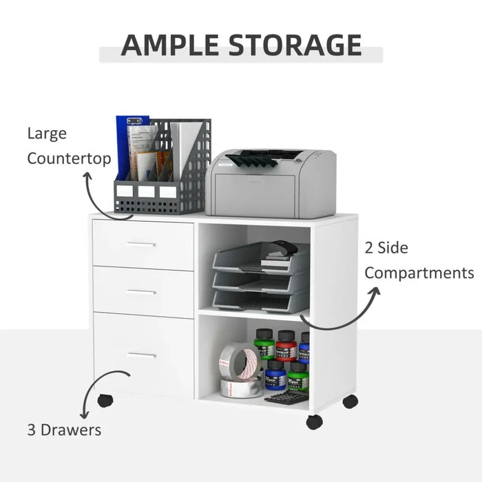 Premium 3-Drawer Storage Cabinet | Office & Home | Freestanding | 2 Shelves | 4 Wheels | White