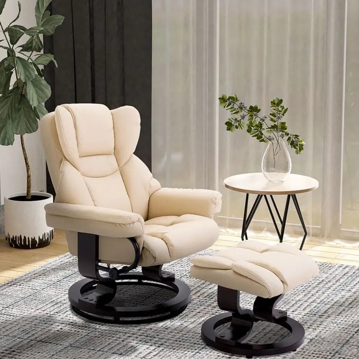 Padded PU Leather Manual Reclining Armchair Sofa Chair w/ Footstool Cream