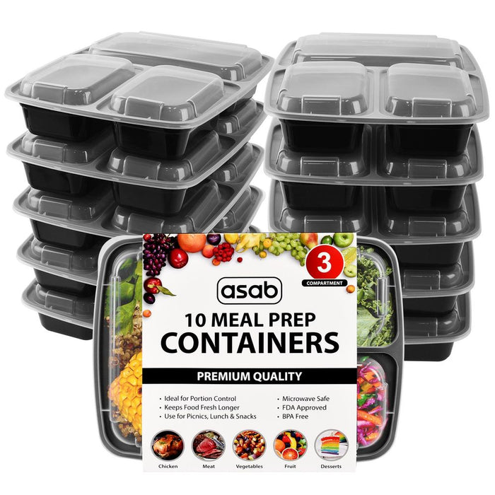 Premium ASAB Meal Prep Container Set - 10PK - 3 Partitions - BPA Free - Freezer, Microwave, Dishwasher Safe