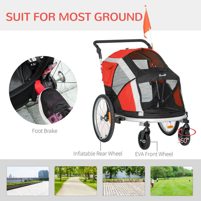 Versatile Dog Bicycle Trailer & Stroller with Safety Features - Red Pawhut