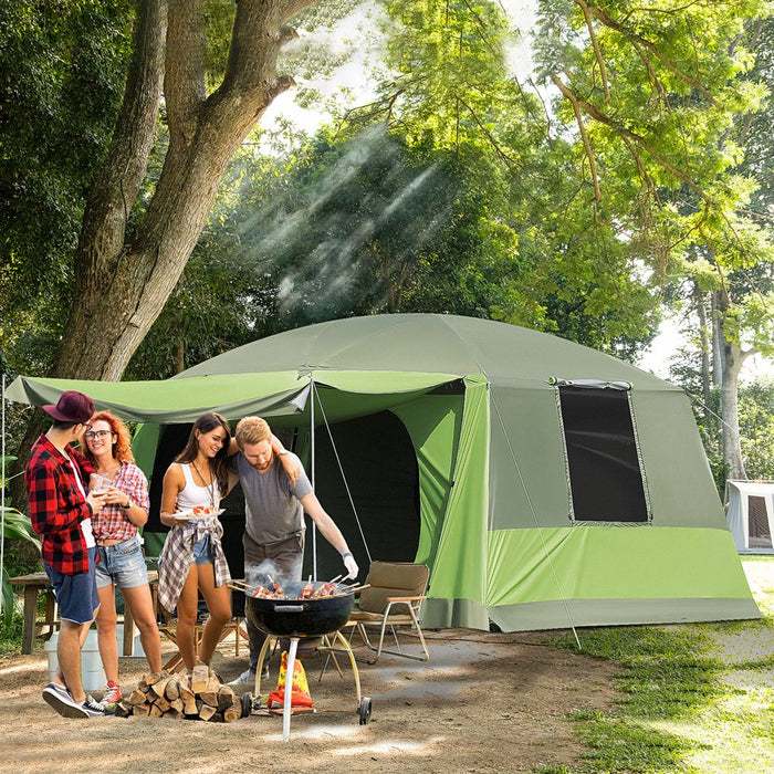 Outsunny Two Room Dome Tent w/Porch for 4-8 Man, Camping Backpacking Shelter w/Mesh Windows, Zipped Doors, Lamp Hook & Portable Carry Bag