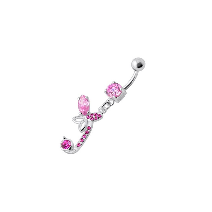 Sterling Silver Fancy Butterfly Jeweled Dangling Curved Bar Belly Ring