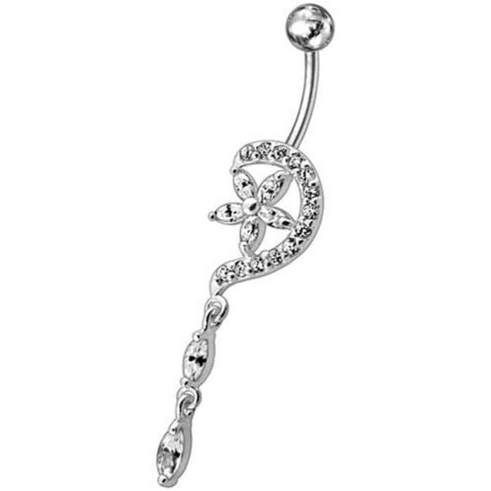 Fancy Jeweled Flower Long Tail Silver Dangling Belly Ring