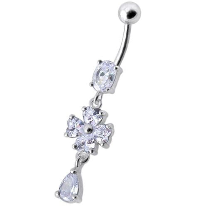 Silver Fancy  Flower Dangling Bdy Jewelry SS Bar Belly Ring