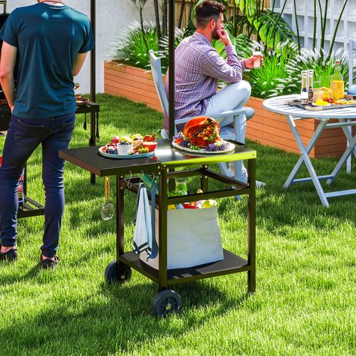 Outsunny BBQ Trolley with Foldable Side Table, Movable Pizza Table, Black