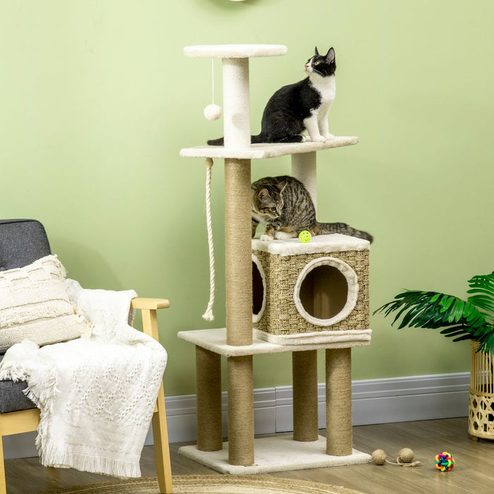 PawHut Cat Tree Climbing Kitten Tower Activity Centre for Indoor Cats w/Jute Scratching Post, Cat House, Kitten Stand, Hanging Toy Ball - Beige