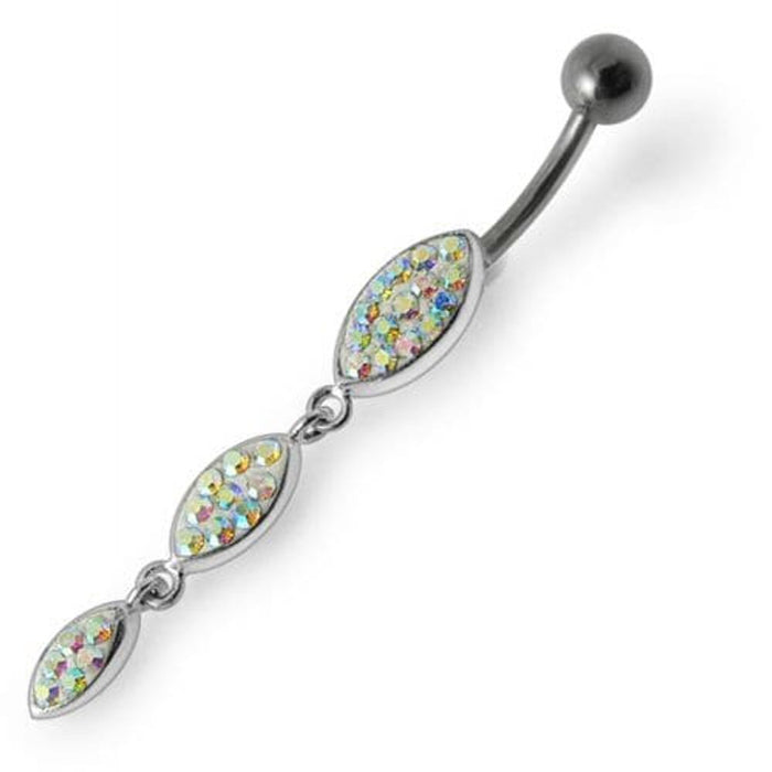 Silver Fancy Stones Jeweled Dangling  SS Bar Navel Ring