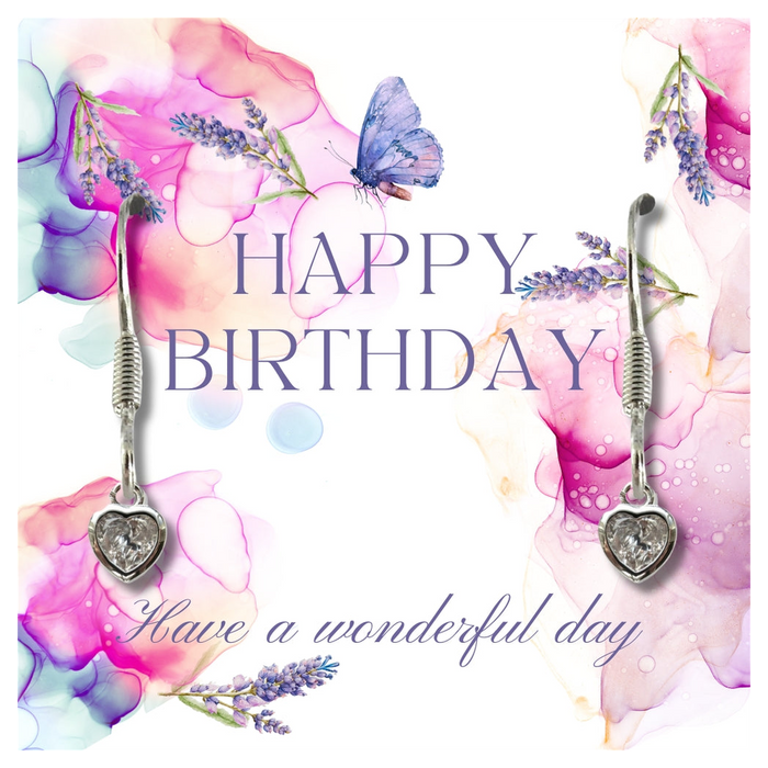 Happy Birthday Heart Earrings & Lavender Butterfly Message Card