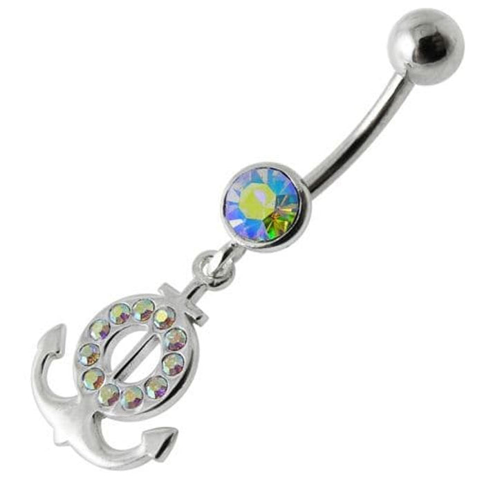 Silver Fancy Multi Jeweled Logo Dangling Banana Bar Belly Ring