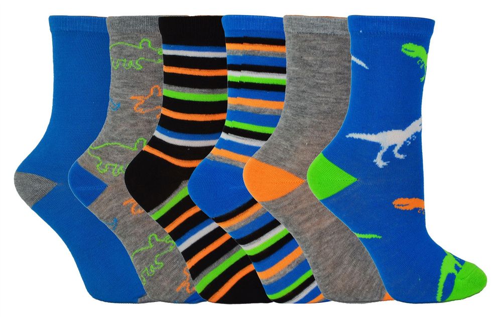 Vibrant Boys 6 Pack Socks - Silly Faces & Dinosaur Designs