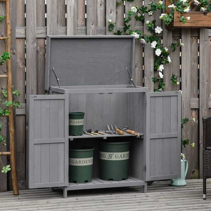 Durable 74x43x88cm Garden Shed Storage Wooden Chest | Double Doors | Shelf | Hinged Roof