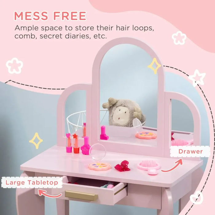 Kids Dressing Table and Stool w/ Mirror and Drawer, for Ages 3-6 Years - Pink