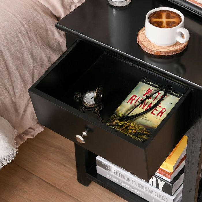 Premium MDF 2-Tier Side Table Black, Drawer included. Enhance your space with this stylish and functional piece.