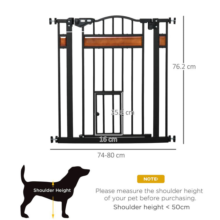 PawHut Dog Gate Pet Safety Gate W/ Cat Door Auto Close Pine Decor 74-80 centimeters Wide