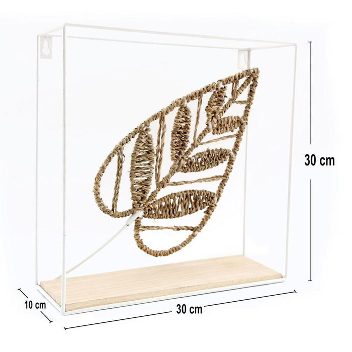 Woven Leaf Design Shelf 30cm - White Wire Frame - Seagrass - Wall Art - Decoration and Storage - MDF Shelf - WF2480