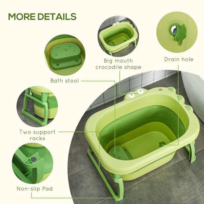 HOMCOM Baby Bathtub for 0-6 Years Collapsible Non-Slip Portable with Stool Seat for Newborns Infants Toddlers Kids - Green