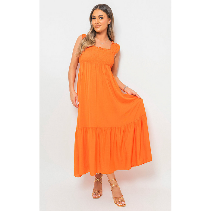 Wide Ruffle Strap Smocked Midi Dress