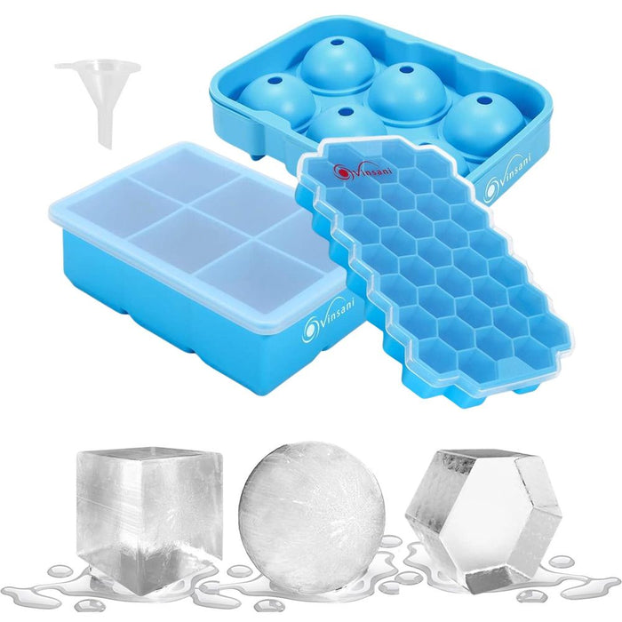 VINSANI 3 PACK SILICONE ICE TRAYS - Long Lasting, Stackable, Food-Grade Safety Material, Quick Release, Easy to Clean - Perfect for Whiskey, Cocktails, Tea, Coffee, Milk, Champagne, Brandy