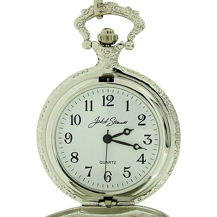 Jakob Strauss Classic Silver Tone & 12 Inch Brass Chain Pocket Watch - CLEARANCE NEEDS RE-BATTERY