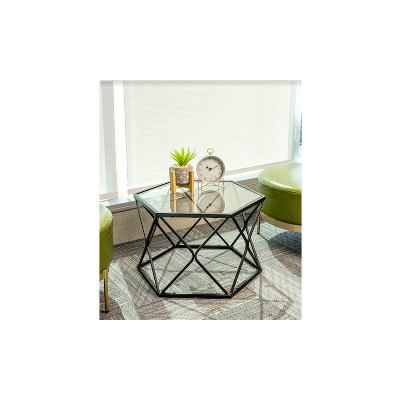 Premium Hexagon Black Coffee Side Table - Sleek Design, Tempered Glass Top