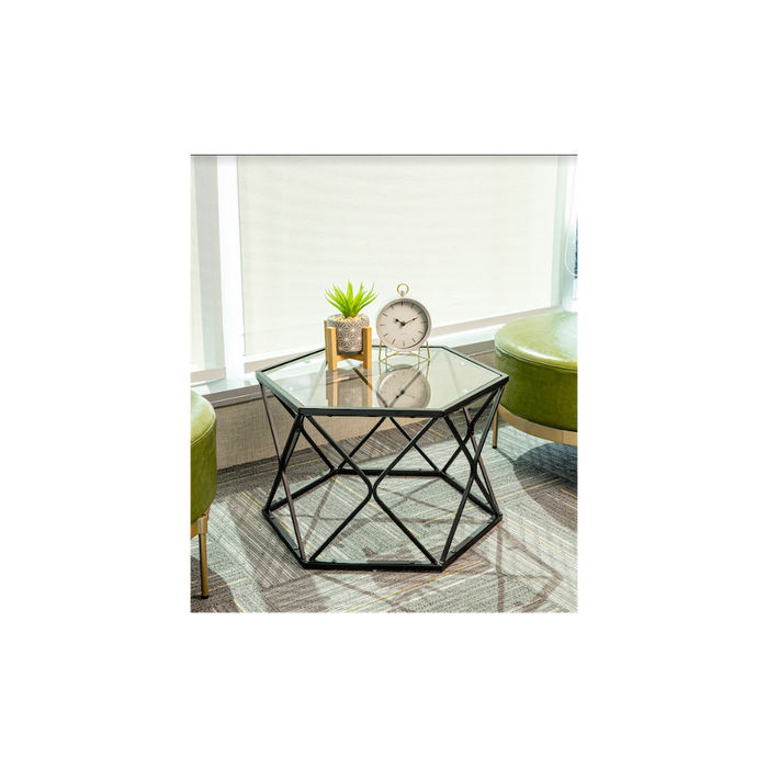 Premium Hexagon Black Coffee Side Table - Sleek Design, Tempered Glass Top