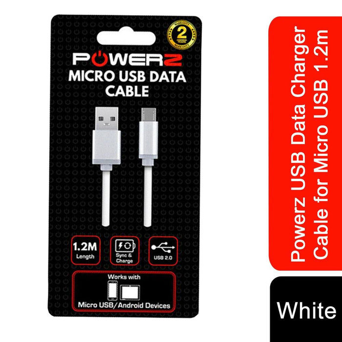 Powerz USB Data Charger Cable - Micro USB 1.2m - White