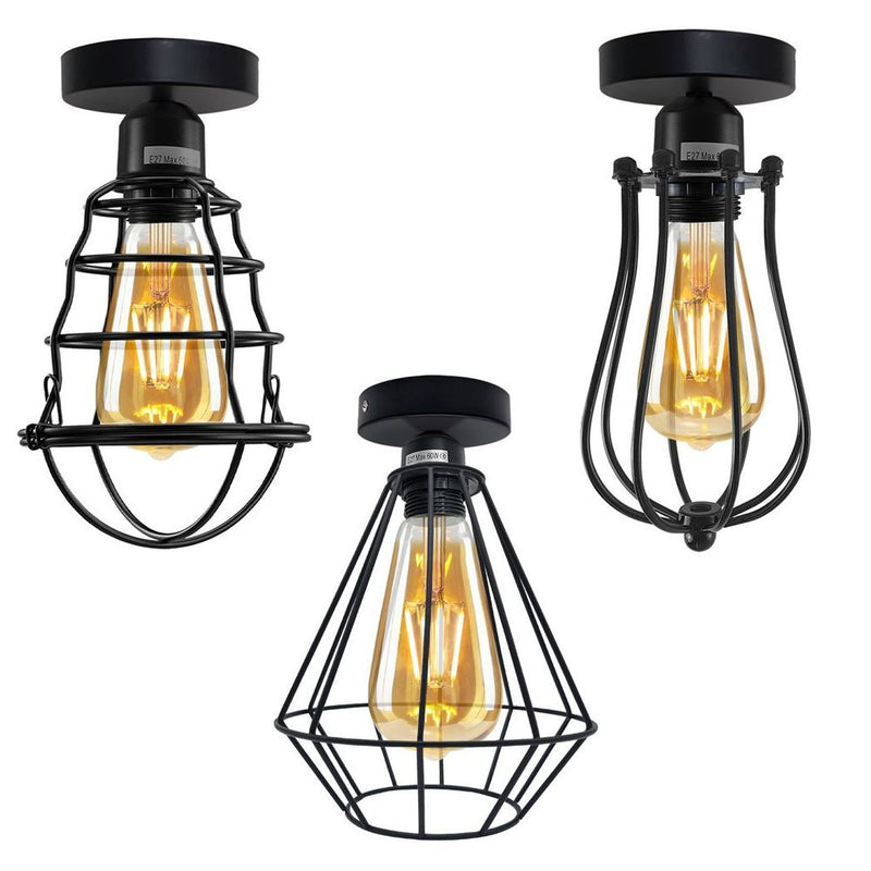 Vintage Industrial Geometric Wavy Shaped Wire Cage Light Metal Round Ceiling Rose Lighting Bulb Holder