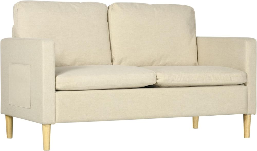 HOMCOM 2 Seater Sofa Modern Fabric Couch with Wood Legs and 2 Pockets Beige