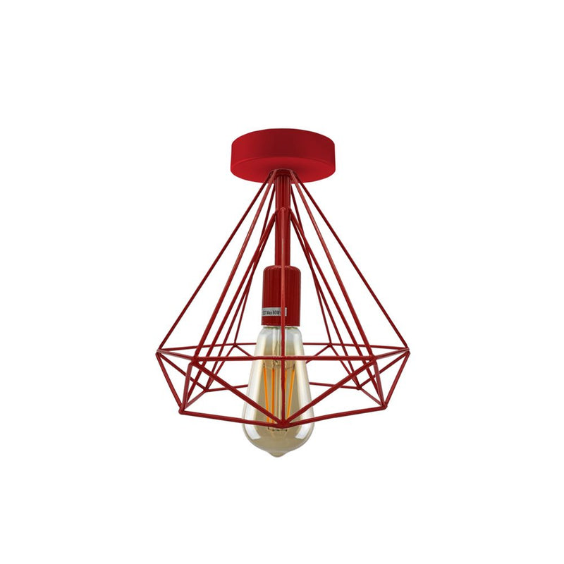 Retro Red Metal Cage Ceiling Light - Vintage Semi Flush Mount Lampshade (E27 Holder)