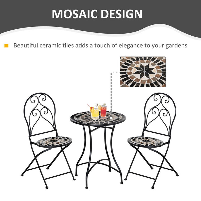 Stylish 3PC Garden Bistro Set: Mosaic Tile Top, Metal Frame, Seats 2