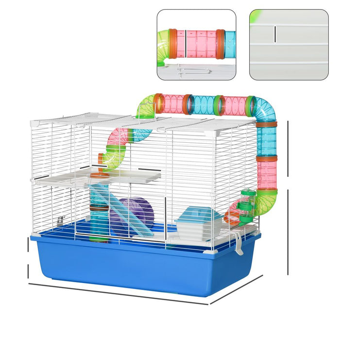 PawHut Hamster Cage with Tubes Tunnel 3 Level Rodent House with Exercise Wheel, Water Bottle, Food Dish, Ramp, Hut 59 x 36 x 47 cm- Blue