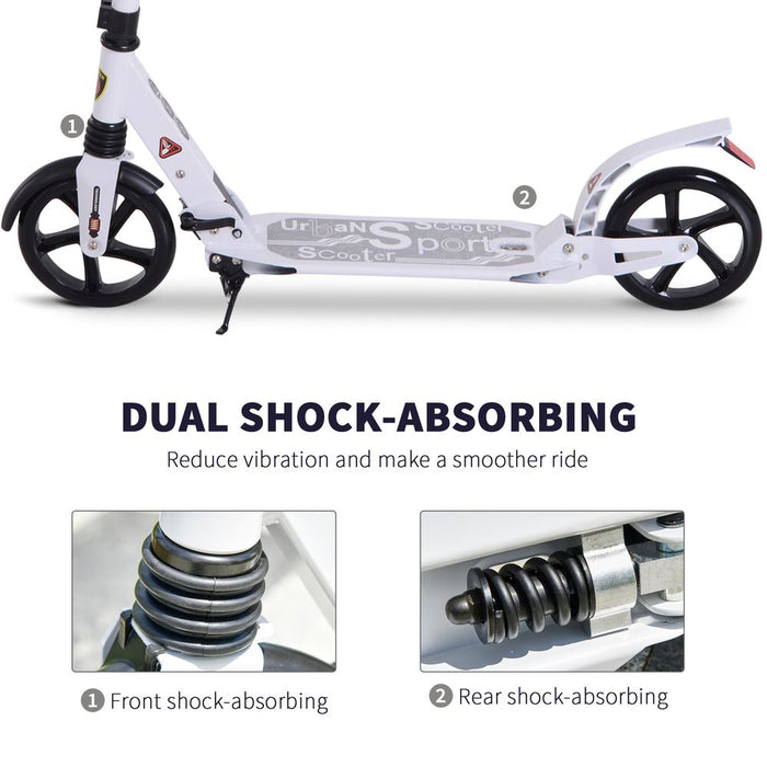 HOMCOM Folding Kick Scooter 2 Big Wheels Teens Adult 14+ Adjustable Ride On White