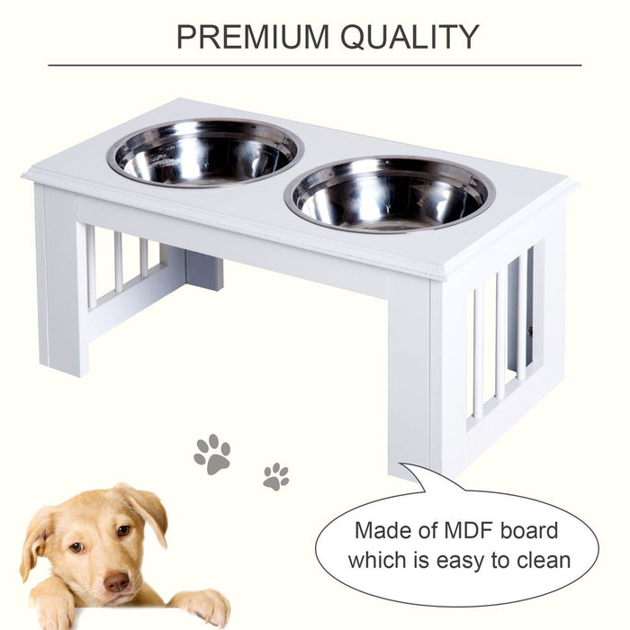 PawHut Stainless Steel Raised Dog Feeding Bowls with Stand for Extra Small and Small Dogs Elevated Twin Pet Bowls Water Food Feeder 58L x 31W x 25H cm - White