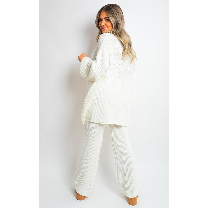 Chunky Knitted Button Up Cardigan Wide Leg Trousers Co-ord Set